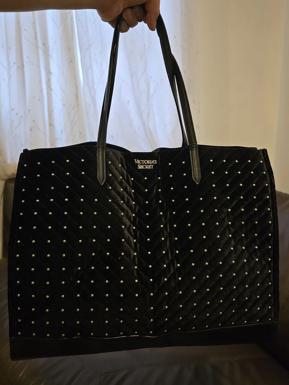 Victoria's Secret Black Quilted Velvet Studded Tote